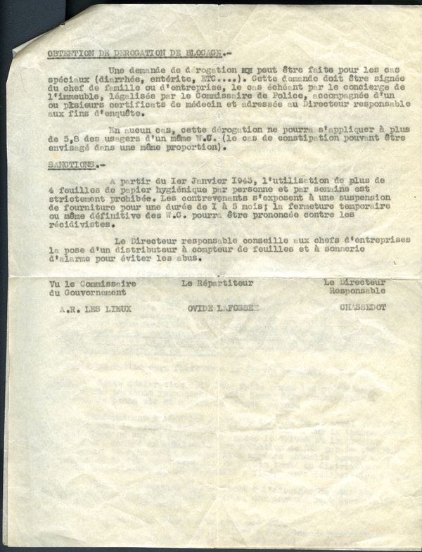 « Réglementation de la vente, l'achat et l'utilisation du papier hygiénique » éditée en 1943. MRN/Fonds Jeanne Vinsot. p2